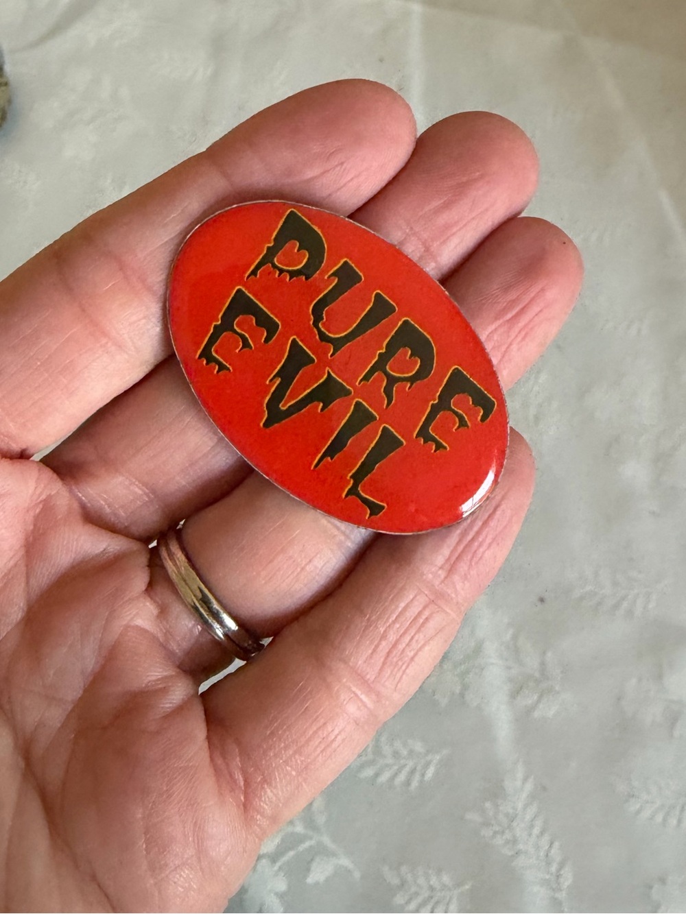 Vintage black & Red 'PURE EVIL' Oval Pin/Button